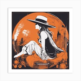 A Silhouette Of A Circle Wearing A Black Hat And Laying On Her Back On A Orange Screen, In The Style Art Print