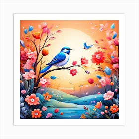 A Bright Toned Design With Flowers And Leaves Trees And Birds A Beautiful And Simple Picture Bird And Flowers Art Print