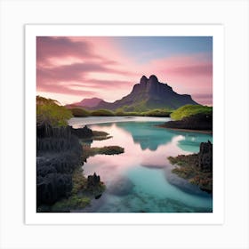 Landscape Mauritius Island Shades Of Blush Pink Pale Blue And Mint Green Art Print