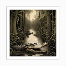 Alligator Lurking In A Swamp Filled With Intricate Illusionary Patterns That Evoke The Sense Of An Enigmatic And Hidden World Art Print