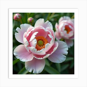 Peacock Among Garden Peonies 1 Art Print