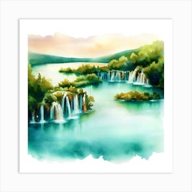 Watercolor Of Plitvice Lakes, Waterfalls 2 Art Print