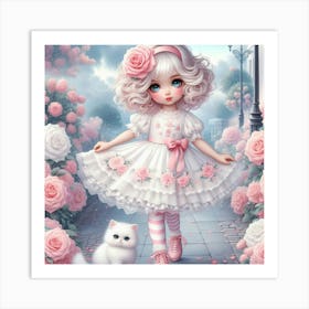 Little Girl With Pink Roses 2 Art Print