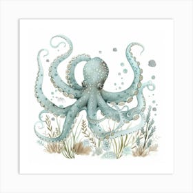 Storybook Style Octopus On The Ocean Floor With Aqua Marine Plants 5 Art Print