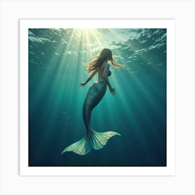 Mermaid With Shimmering Scales Swimming In The Ocean 1 Art Print