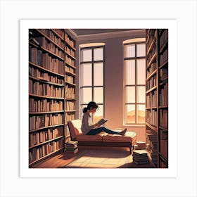 Girl Reading Book In Library Alone Art Print (1) Art Print