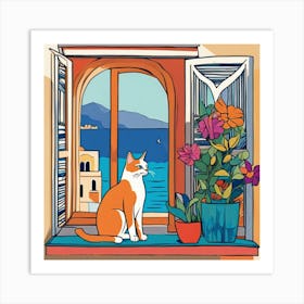 Open Window With Cat Matisse Style Amalfi Coast 26 Art Print