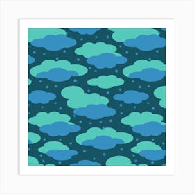 NIGHT DREAMS Dreamy Blue and Turquoise Clouds in a Navy Sky with Stars Art Print