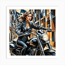 Woman On Black Motorbike Cubism Style Art Print