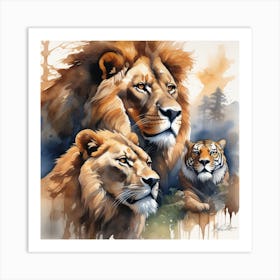 Original Watercolor Masterpiece Depicting Majestic Lions Fierce Tigers  Art Print