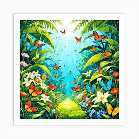 Butterflies In The Jungle, A Butterfly Garden With Various Species art print Art Print