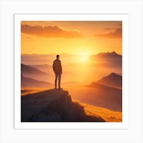 Man Standing On Top Of Mountain At Sunset Art Print