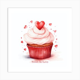 Red Heat Watercolor Cupcake Sweet Valentine Art Print