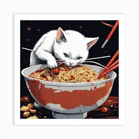 Cat Eating Noodles Art Print