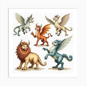 Watercolor The Mythical Creatures Of Ancient Greece In Dynamic Scenes 1 Art Print