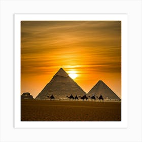 Camels In Front Of Pyramids Art Print