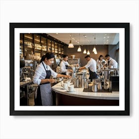 Cafeteria Interior Bustling With Activity Baristas In Checkered Aprons Preparing Espresso Drinks P (1) 2 Art Print