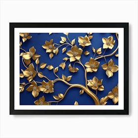 Elegant Gold and Royal Blue Floral Tree with Seamless Leaves and Flowers Hanging Branches 1 Art Print