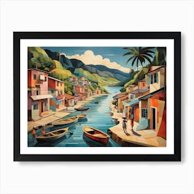 Vintage Cubist Travel Poster Charlotteville Fishing Village Trinidad & Tobago Art Print