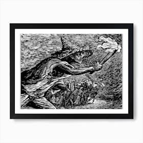 The Torches 1947 Vintage Lithograph Engraving by Leopoldo Mendez Graphic Designer - Remastered High Definition Art Print Also Known As 'Las Antorchas' Mexican Witch Hunter Running Townspeople Gothic Dark Aesthetic Witchcraft Witchy Horror High Definition 1 Art Print