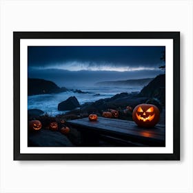 Coastline Celebration Captured At Dusk A Single Jack O Lantern With A Carved Face Glowing Eerily On (3) Art Print