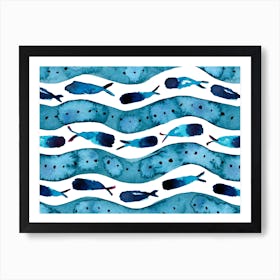 Blue Fishes Waves Sea Watercolor Art Print