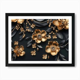 3d Artwork Illustration Background with Golden Jewelry and Flowers in Black Design 2 Art Print