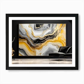 Abstract Art Featuring Liquid Marble Patterns Flowing Together In A Dance Of Grey Black Yellow G (3) Art Print