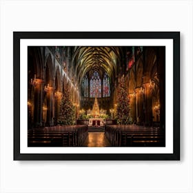 A Christmas Eve Service In A Candlelit Gothic Cathedral Illuminated Pews Leading To The Altar Prepa 1 Art Print