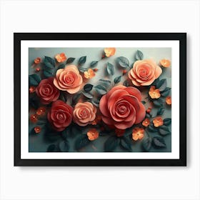 3D Roses surrounded by leaves and flowers Art Print