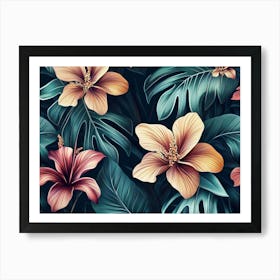 Tropical Seamless Pattern with Exotic Flowers and Leaves 3 Art Print