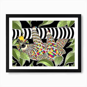 Cute, colorful, mosaic Sloth hanging around on a tropical tree Art Print