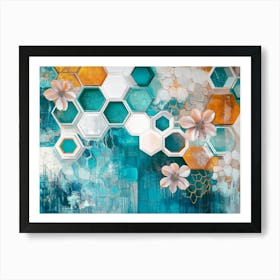 Turquoise And Blue Elements Blend with White Lattice and Brown Hexagons Art Print