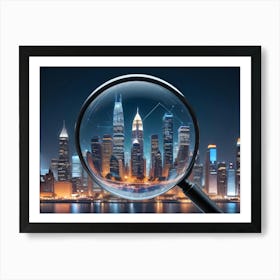 A Magnifying Glass Focuses On A Cityscape With A Digital Grid Overlay, Representing The Concept Of Technology And Urban Development 1 Art Print