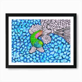 Artistic Colorful Hand Drawn Fish In Blue Water Bubble Background Art Print