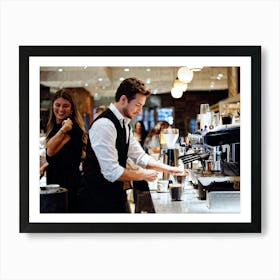 Barista Focused On Pouring Water Into A Step By Step Dripper Amid The Bustling Ambiance Of A Busy C (3) Art Print