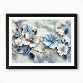 Art 3d Blue and White Flowers on A Marble Gray Background Art Print