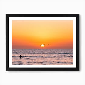 Surfer And Seagulls At Sunset Art Print