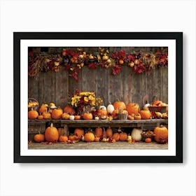 An Autumn Harvest Table Spanning Old Rustic Wooden Planks Teeming Under The Weight Of Vibrant Fre (1) Art Print