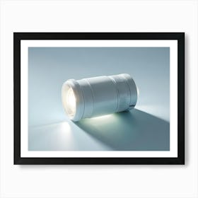 A Minimalist Image Of A White Camera Lens On A Light Blue Background With A Light Shining Through, Representing Photography And Creative Tools Art Print