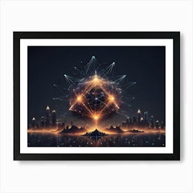 An Abstract Digital Art Piece Depicting A Glowing, Geometric Shape Over A City Skyline Art Print