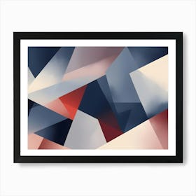 Abstract Geometric Pattern Composed Of Overlapping Triangles In Shades Of Blue, Red, And Beige Against A Dark Background Art Print