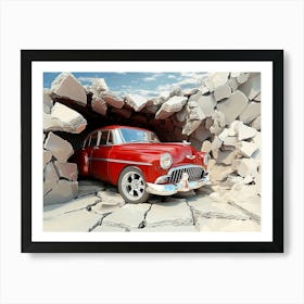 3d Classic Car Driving Through A Broken Wall Art Print