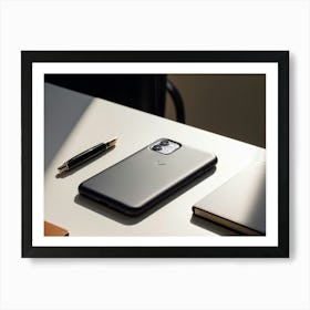 Leather Phone Case Rests On A White Table Beside A Neatly Arranged Notebook And Ballpoint Pen Sunli Art Print