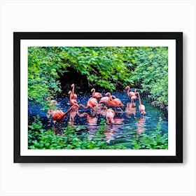 Flamingos in a Tranquil Lagoon. A serene scene of vibrant pink flamingos wading and interacting in a lush, green lagoon surrounded by dense foliage. The water reflects their elegant forms, creating a harmonious connection between nature and wildlife. 7 Art Print