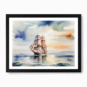 Sailing ship on the sea, watercolor painting 12 Art Print