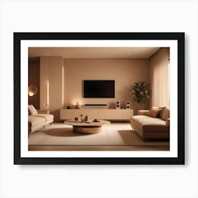 A Modern Living Room Interior With A Beige Wall, Beige Sofas, A Tv, And A Large Plant Art Print