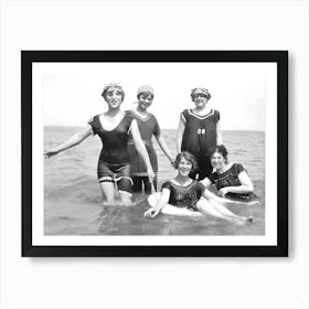 Women In Bathing Suits at the Beach, Vintage Black and White Old Photo Art Print