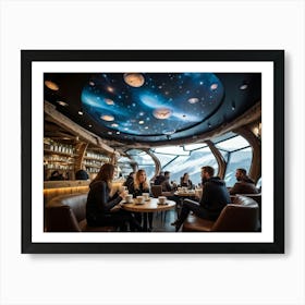 Futuristic Nordic Style Coffee Shop Suspended In The Zero Gravity Of Space Patrons Leisurely Drinki Art Print