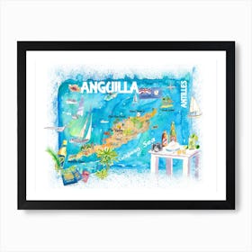 Anguilla Caribbean Illustrated Travel Map With Roads And Highlights Art Print